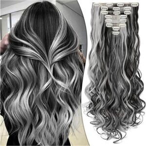 24” Clip in Hair Extensions - 8PCS Natural Black Mix Silver Grey *NEW*